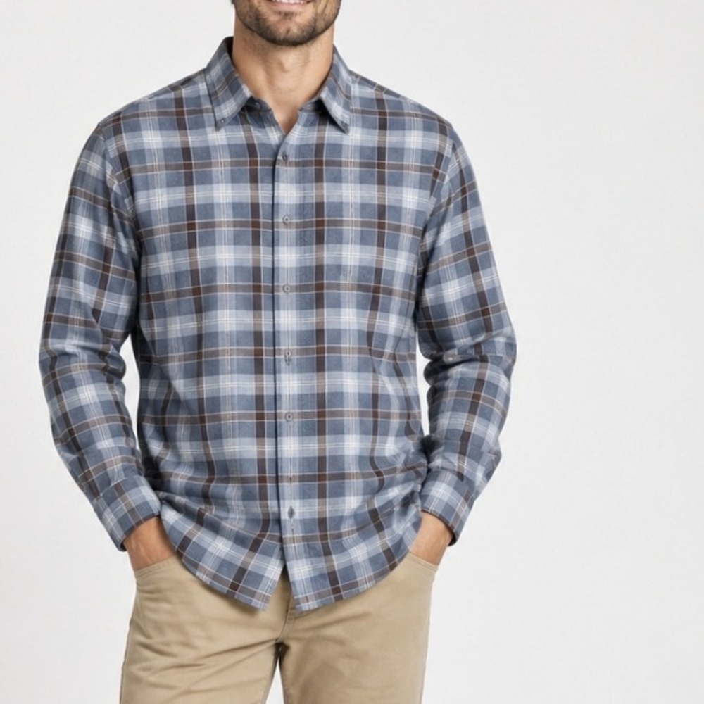 Roundtree & Yorke Button Down Mens XLT Brown Plaid Non Iron Cotton Classic